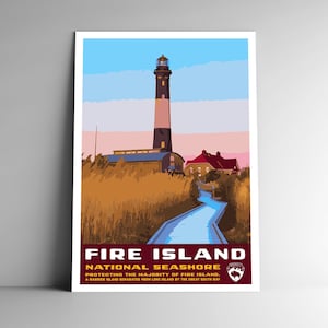 Pôster de viagem estilo vintage Fire Island National Seashore - 8x10 - 12x18 - 18x24 - 24x3 6/4x6 Cartão postal Estilo WPA Nova York EUA Impressão artística