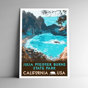 Julia Pfeiffer Burns State Park Pôster de viagem estilo vintage - 8x10 12x18 18x24 24x36 / 4x6 Cartão postal EUA Califórnia Big Sur Retro Art Print