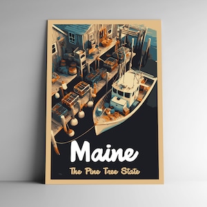 Maine: El cartel de viaje de estilo vintage del estado del pino / postal / pegatina / imán estilo retro WPA Nuestros cincuenta estados imprimen 50 arte de pared de EE. UU.