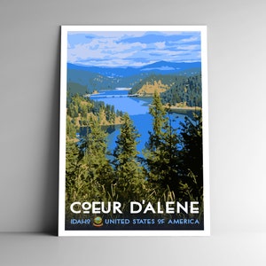 Coeur D'Alene Idaho Vintage-Stil Reise Poster 8x10 - 12x18 - 18x24 - 24x36 / 4x6 Postkarte WPA Style Berge USA Kunstdruck