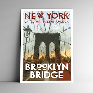 New York Brooklyn Bridge WPA Style Vintage-Stil Reise Poster - 8x10 - 12x18 - 18x24 - 24x36 / 4x6 Postkarte USA Retro Amerika Art Print