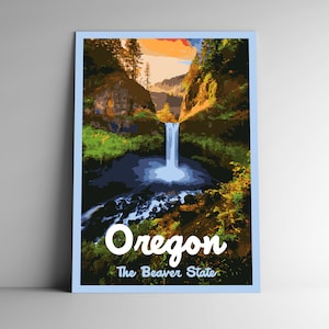 Oregon : affiche de voyage de style vintage The Beaver State/carte postale/autocollant/aimant rétro style WPA Impression d'art Our Fifty States US 50, impression d'art d'art mural