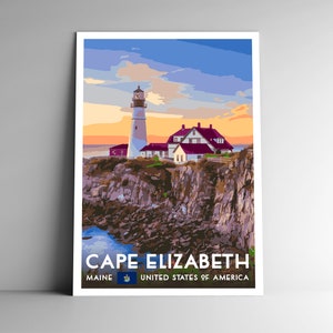 Cape Elizabeth Maine Vintage-Stil Reise Poster - 8x10 - 12x18 - 18x24 - 24x36 / 4x6 Postkarte WPA Style State Lighthouse USA