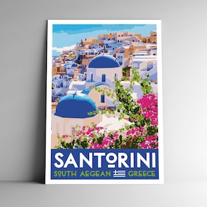 Cartel de viaje de estilo vintage de Santorini - 8x10 - 12x18 - 18x24 - 24x36 / 4x6 Postal Islas griegas Grecia Helen Retro WPA Estilo Arte Impresión