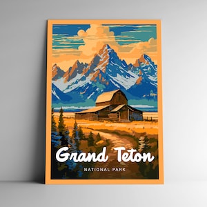 Affiche de voyage de style vintage, parc national de Grand Teton, carte postale, autocollant, aimant, série design Wyoming, États-Unis, impression d'art, oeuvre d'art murale