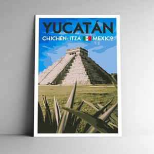 Yucatan Chichen Itza Pôster de viagem estilo vintage WPA - 8x10 - 12x18 - 18x24 - 24x36 / 4x6 Cartão postal Chichén-Itzá Yucatán Impressão artística