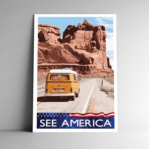 Veja a América Pôster de viagem estilo WPA estilo vintage 8x10 12x18 18x24 24x36 / 4x6 Cartão postal Vários tamanhos RV Road Trip Camper Van EUA Impressão artística