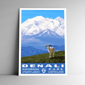 Poster de voyage de style vintage parc national Denali/carte postale/autocollant/aimant style rétro WPA Alaska États-Unis États-Unis impression d'art art mural