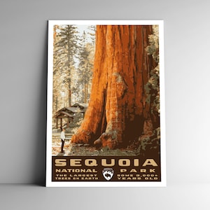 Cartel de viaje de estilo vintage del Parque Nacional Sequoia / Postal / Pegatina / Imán Retro WPA Estilo EE.UU. Impresión de arte General Sherman Tree Wall Art