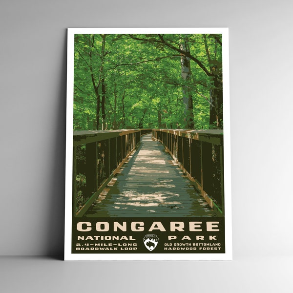 Congaree National Park Vintage-Style Travel Poster / Postcard / Sticker / Magnet Retro WPA Style Boardwalk South Carolina USA Art Print