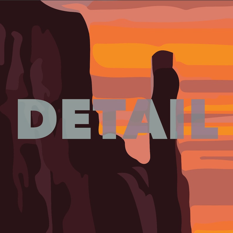May include: A digital illustration of a sunset over a rocky landscape. The sky is a gradient of orange, pink, and purple. The rocks are a dark brown colour. The word "DETAIL" is written in a light grey font across the middle of the image.