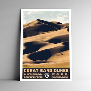 Cartel de viaje de estilo vintage del Parque Nacional Great Sand Dunes / Postal / Pegatina / Imán Retro WPA Estilo Colorado EE. UU. Impresión artística Arte de pared