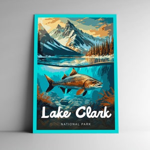 Cartel de viaje de estilo vintage del Parque Nacional Lake Clark / Postal / Pegatina / Magnet Designer Series Alaska EE. UU. Impresión Arte de pared Estados Unidos