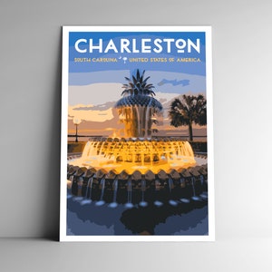 Charleston South Carolina Vintage-Stil Reise-Poster 8x10 - 12x18 - 18x24 - 24x36 / 4x6 Postkarte WPA Style Pineapple Brunnen USA Kunstdruck