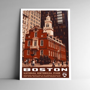 Pôster de viagem em estilo vintage do Parque Histórico Nacional de Boston 8x10 - 12x18 - 18x24 - 24x36 / 4x6 Cartão postal Estilo WPA Massachusetts Impressão artística dos EUA