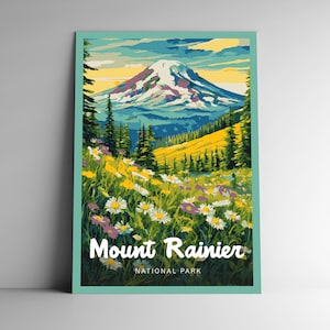 Cartel de viaje de estilo vintage del Parque Nacional Monte Rainier / Postal / Pegatina / Magnet Designer Series Washington USA Art Print Wall Art