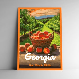Georgia: Cartel de viaje de estilo vintage del estado de Peach / Postal / Pegatina / Imán Estilo retro WPA Nuestros cincuenta estados imprimen 50 EE. UU. Arte de pared