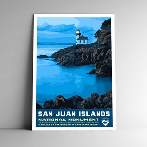 Monumento Nacional das Ilhas San Juan Pôster de viagem estilo vintage WPA - 8x10 - 12x18 - 18x24 - 24x36 / 4x6 Cartão postal Washington EUA Impressão