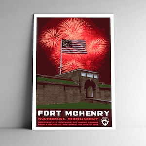 Monumento Nacional Fort McHenry Estilo WPA Cartaz de viagem estilo vintage 8x10 12x18 18x24 24x36 / 4x6 Cartão postal Maryland Baltimore EUA Impressão artística