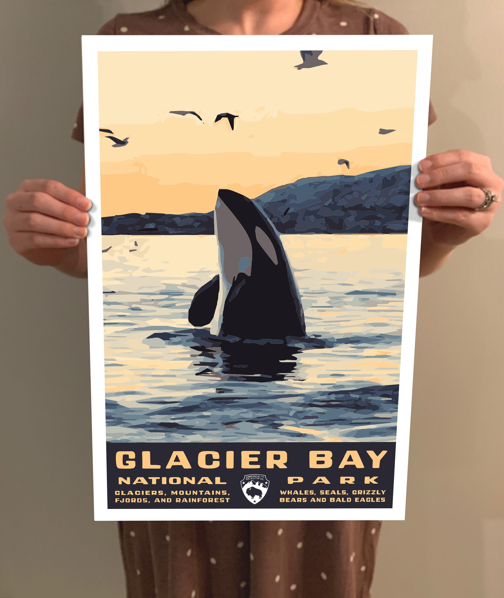 Glacier Bay National Park Poster, Vintage WPA Style Orca Art Print - Etsy