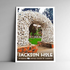 Jackson Hole Wyoming Cartaz de viagem estilo vintage 8x10 - 12x18 - 18x24 - 24x36 / 4x6 Cartão postal estilo WPA Elk Antler Arch EUA impressão artística