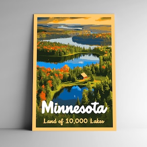 Minnesota: Tierra de 10,000 lagos Cartel de viaje de estilo vintage / Postal / Pegatina / Imán Estilo retro WPA Nuestros cincuenta estados imprimen 50 arte de pared