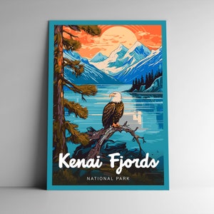 Affiche de voyage de style vintage du parc national de Kenai Fjords/carte postale/autocollant/aimant série design Alaska Etats-Unis impression d'art art mural
