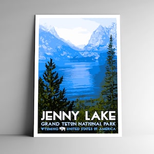 Jenny Lake, Wyoming, affiche de voyage de style vintage, 8 x 10-12 x 18-18x24-24x36/4x6 Carte postale WPA Style Parc national de Grand Teton USA Impression artistique