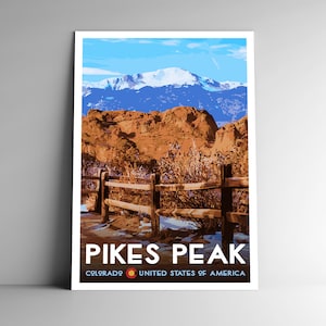 Affiche de voyage de style vintage Pikes Peak, Colorado 8 x 10-12 x 18-18 x 24-24 x 36/4 x 6 Carte postale WPA Style Colo Springs USA Impression d'art Art mural