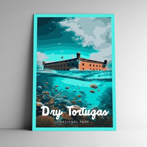 Pôster de viagem estilo vintage do parque nacional de Tortugas secas, cartão postal, adesivo, série de designer, Flórida, EUA, impressão artística, arte de parede