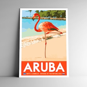 Affiche de voyage Aruba WPA style vintage - 8 x 10 - 12 x 18-18 x 24-24 x 36 / 4 x 6 cartes postales Flamingo Beach Retro Art Print