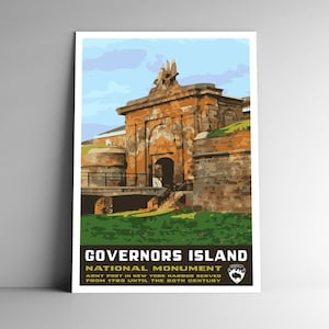 Monumento Nacional da Ilha do Governador Pôster de viagem estilo WPA estilo vintage 8x10 - 12x18 - 18x24 - 24x36 / 4x6 Cartão postal Nova York EUA Impressão artística