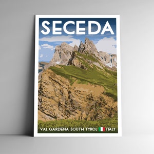 Seceda Italien Vintage-Stil Reise Poster - 8x10 - 12x18 - 18x24 - 24x36 / 4x6 Postkarte Val Gardena Südtirol Art Print Dolomites