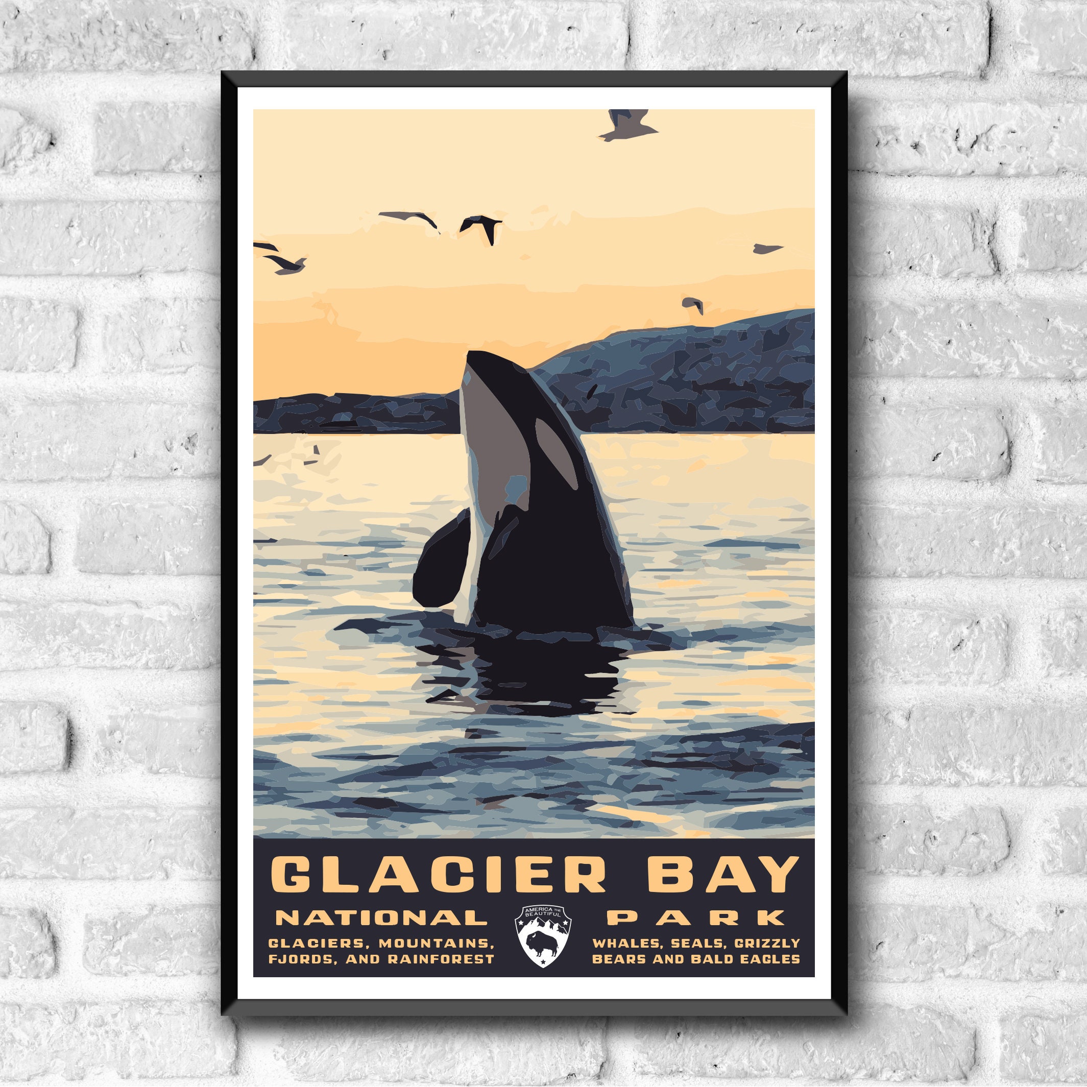 Glacier Bay National Park Poster, Vintage WPA Style Orca Art Print - Etsy