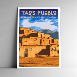Pôster de viagem estilo vintage de Taos Pueblo Novo México - 8x10 - 12x18 - 18x24 - 24x36 / 4x6 Cartão postal Estilo WPA Aldeia indígena nativa americana EUA