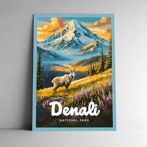Cartel de viaje de estilo vintage del Parque Nacional Denali / Postal / Pegatina / Magnet Designer Series Alaska USA Art Print Estados Unidos Wall Art
