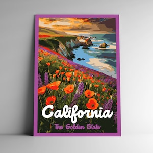Californie : affiche de voyage de style vintage Golden State/carte postale/autocollant/aimant style rétro WPA impression d'art mural Our Fifty States USA