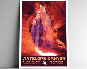 Antelope Canyon Vintage-Style Travel Poster - 8x10 - 12x18 - 18x24 - 24x36 / 4x6 Postcard WPA Style Arizona Navajo Nation Slot USA Art Print