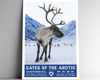 Gates of the Arctic National Park Vintage-stijl reizen poster/briefkaart/sticker/magneet retro WPA stijl Alaska USA Art Print kunst aan de muur