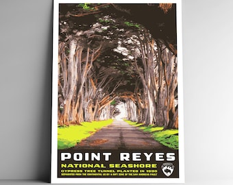 May include: A vintage travel poster for Point Reyes National Seashore in California. The poster features a scenic view of a cypress tree tunnel, a road leading to a distant horizon, and the text "Point Reyes National Seashore, Cypress Tree Tunnel Planted in 1930, Separated from the Continental US by a Rift Zone of the San Andreas Fault."