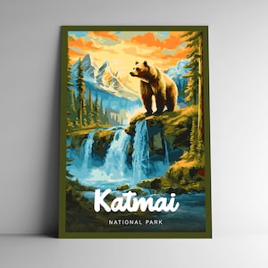 Affiche de voyage de style vintage du parc national de Katmai, carte postale, autocollant, aimant, série design Alaska, États-Unis, impression d'art, art mural, États-Unis