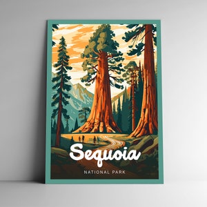 Affiche de voyage de style vintage Sequoia National Park / Carte postale / Autocollant / Magnet série design Californie Etats-Unis Impression d'art Art mural