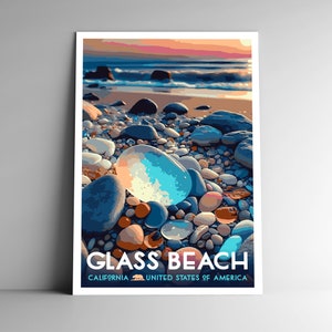 Pôster de viagem estilo vintage da Califórnia em Glass Beach -8x10 - 12x18 - 18x24 - 24x36 / 4x6 Cartão postal Estilo WPA Estados Unidos EUA Impressão artística Bragg