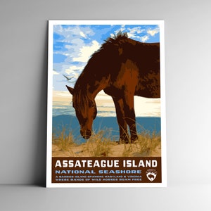 Cartel de viaje de estilo vintage de Assateague National Seashore - 8x10 - 12x18 - 18x24 - 24x36 / 4x6 Postal Estilo WPA Carolina del Norte / Virginia