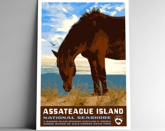 Assateague National Seashore Vintage-Stil Reiseposter - 8x10 - 12x18 - 18x24 - 24x36 / 4x6 Postkarte WPA Style North Carolina / Virginia