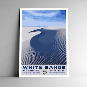 Affiche de voyage de style vintage du parc national de White Sands/carte postale/autocollant/aimant style rétro WPA Nouveau-Mexique Etats-Unis impression d'art murale art déco