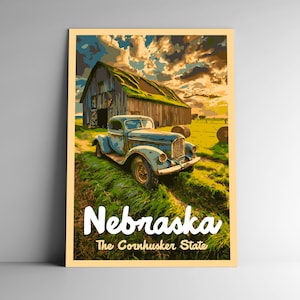 Nebraska: The Cornhusker State Poster de viagem estilo vintage / cartão postal / adesivo / ímã estilo WPA retrô Nossos cinquenta estados imprimem 50 arte de parede