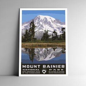 Affiche de voyage/carte postale/autocollant/aimant de voyage de style vintage dans le parc national du Mont Rainier, impression d'art américaine Washington, art mural rétro, style WPA