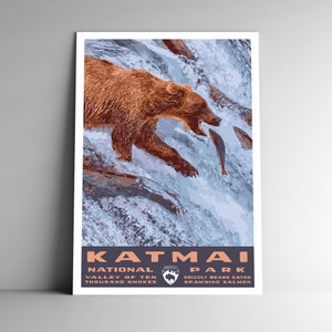 Affiche de voyage de style vintage du parc national de Katmai/carte postale/autocollant/aimant Style rétro WPA Alaska Etats-Unis impression d'art grizzly art mural