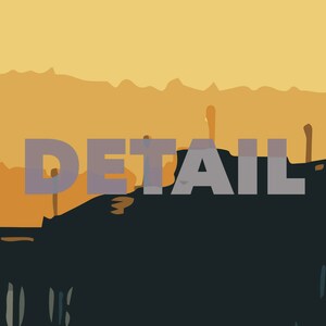 Puede incluir: Una ilustraci&oacute;n digital de la palabra "DETALLE" en color morado claro sobre un fondo de monta&ntilde;as amarillas y naranjas.